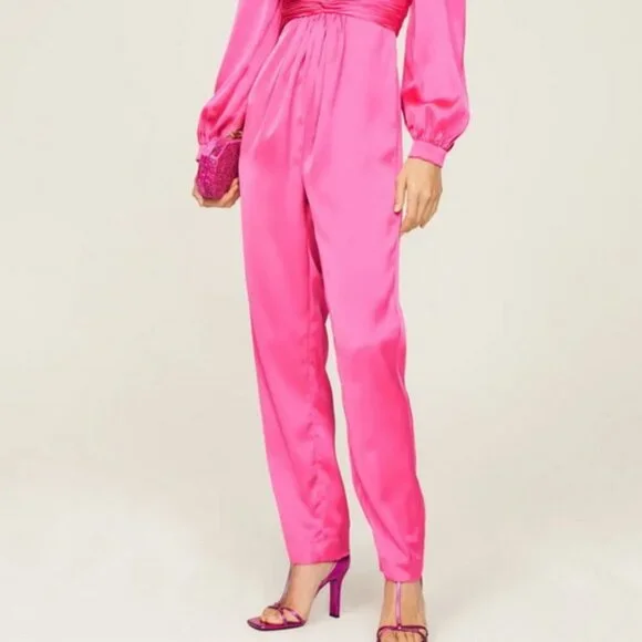 Mac Duggal Pink Plunge Neck Long Sleeve Satin Jumpsuit